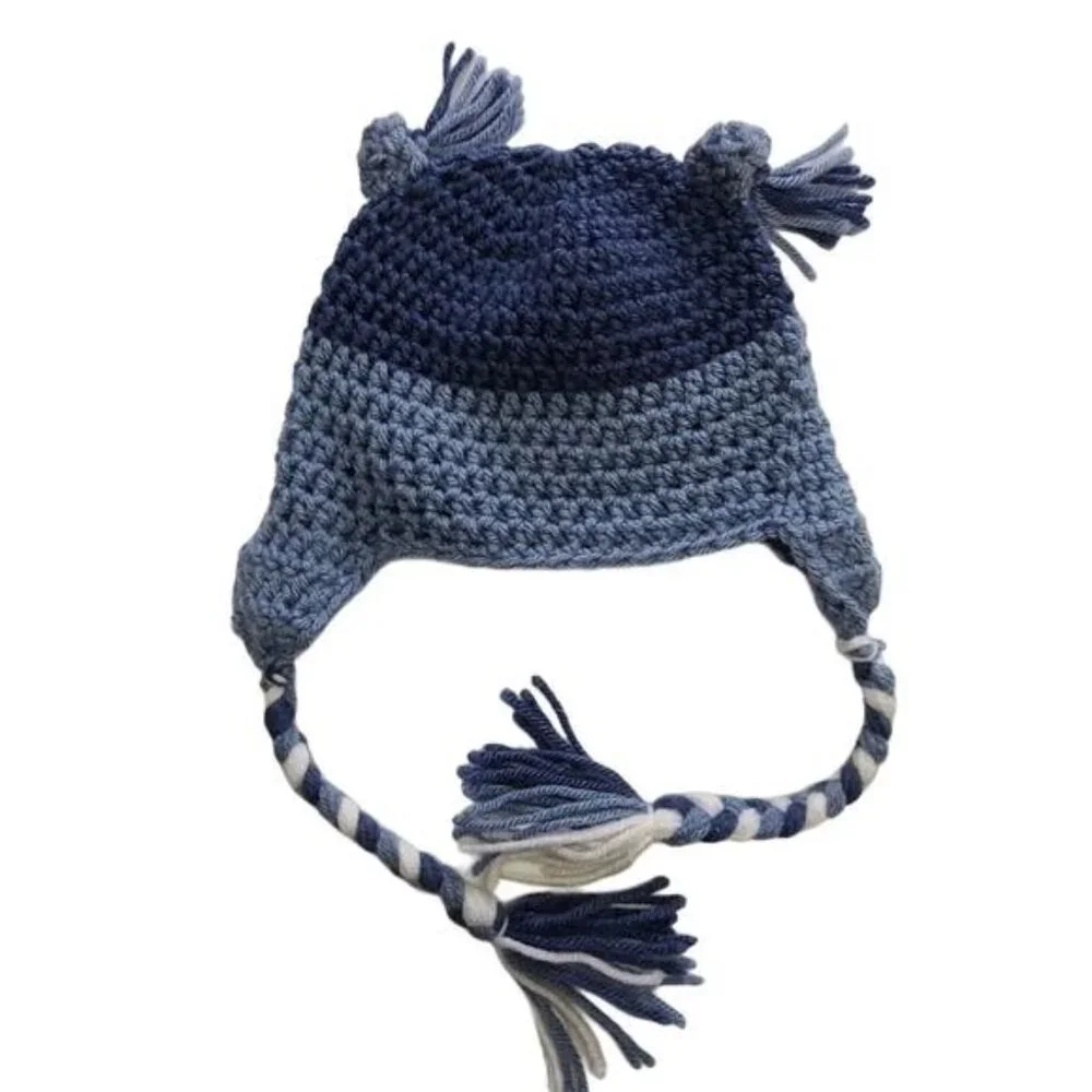 Handmade blue knit toddler owl beanie hat